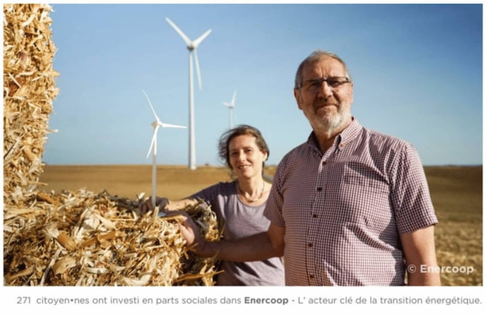 Salariés d'Enercoop dans un champ, devant des éoliennes.
